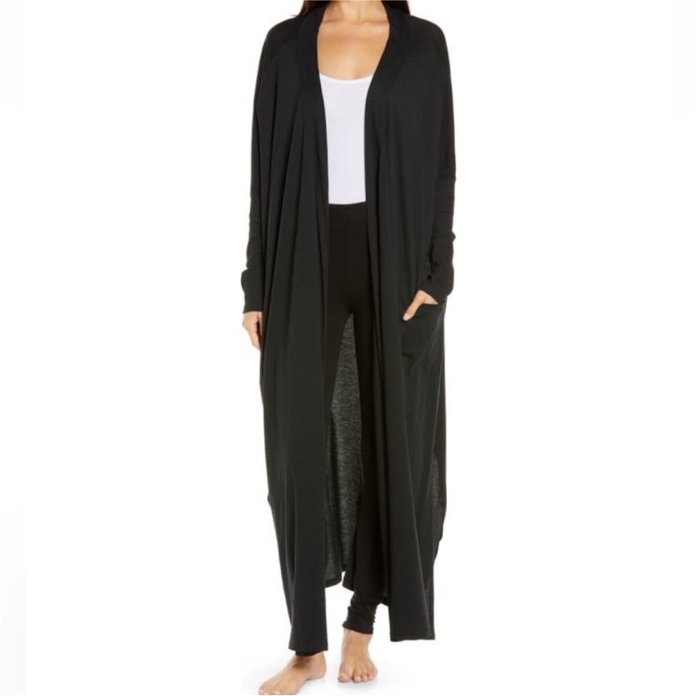 Lunya Black Organic Pima Cotton Long Cardigan Robe One Size Fits Most